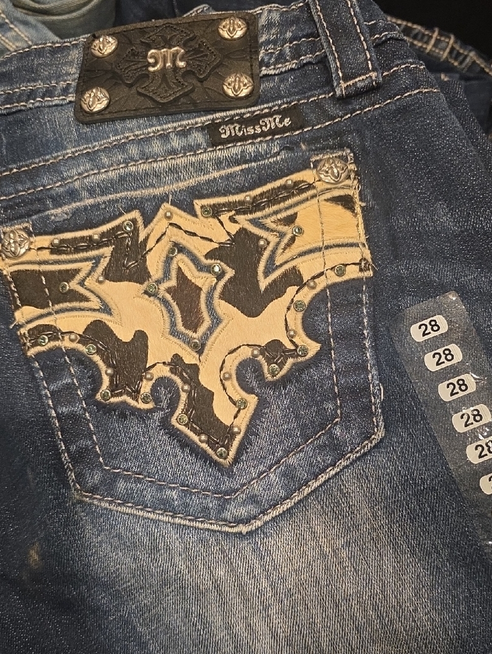 Miss Me Blue Denim Boot Cut Jeans with Tan & Black Embroidered Pocket